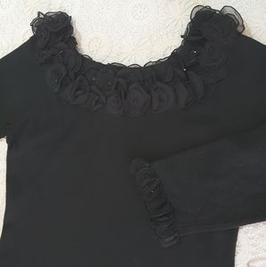 Talbots Floral Beaded-Trim Party Top, Black, Sz S